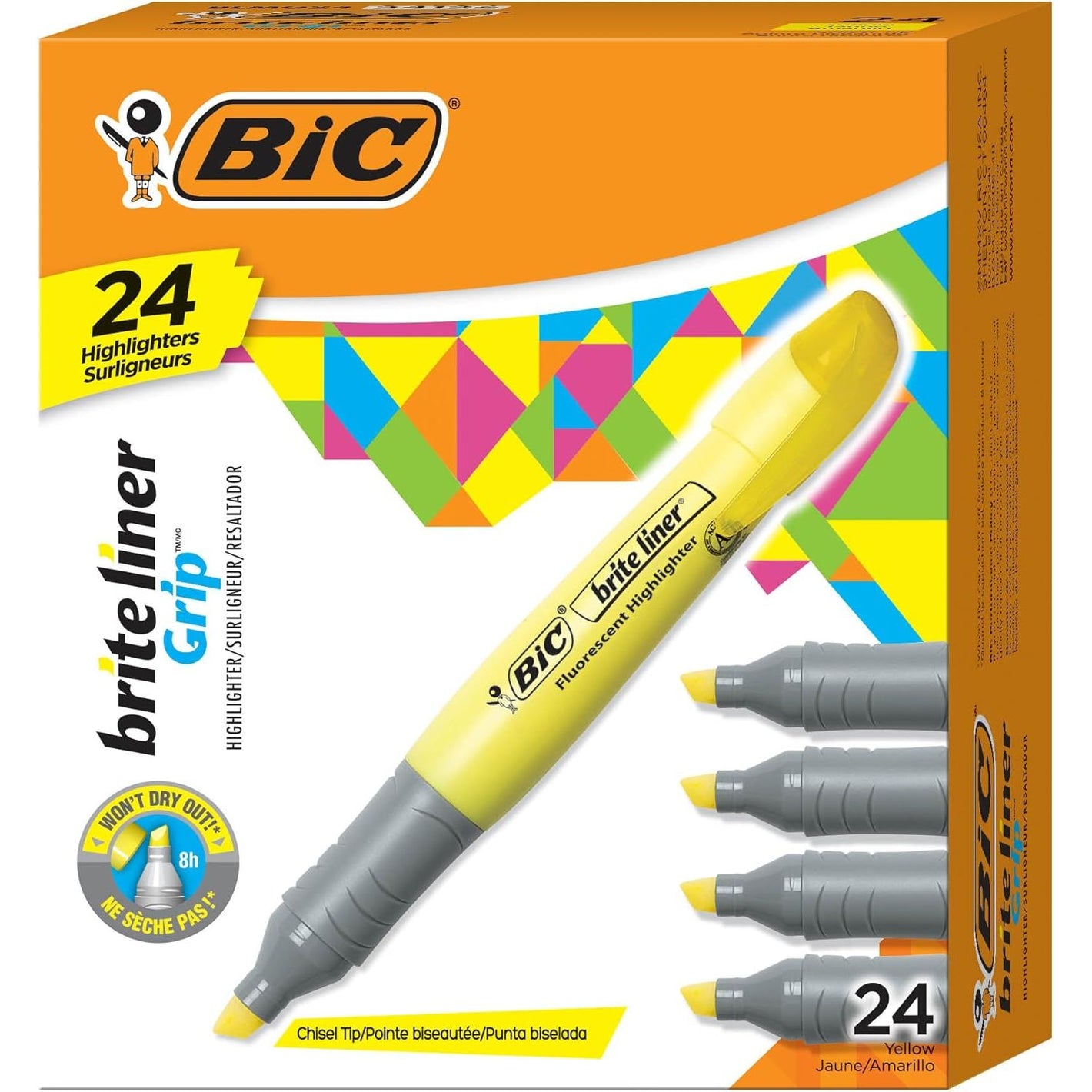 BIC Brite Liner Grip XL Highlighters, Chisel Tip, 12-Count Pack of Yellow Highlighters, Ideal Highlighter Set for Organizing and Coloring