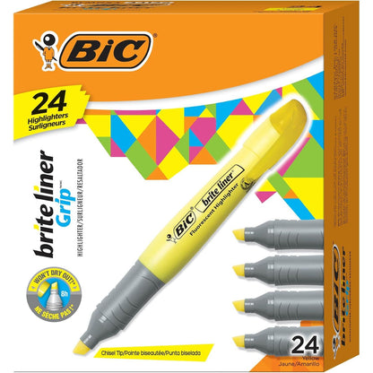 BIC Brite Liner Grip XL Highlighters, Chisel Tip, 12-Count Pack of Yellow Highlighters, Ideal Highlighter Set for Organizing and Coloring