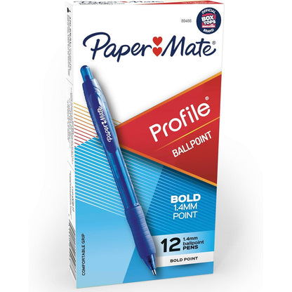 Paper Mate Profile Retractable Ballpoint Pens, Bold Point (1.4mm), Blue, 12 Count