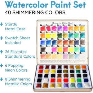 Mozart Premium Japanese Watercolor Paint Set - 40 Rich Colors with Metallic, Neon Pans - Artist-Quality Set for Adults, Kids & Students - Water Color - Metallic Watercolor Paints