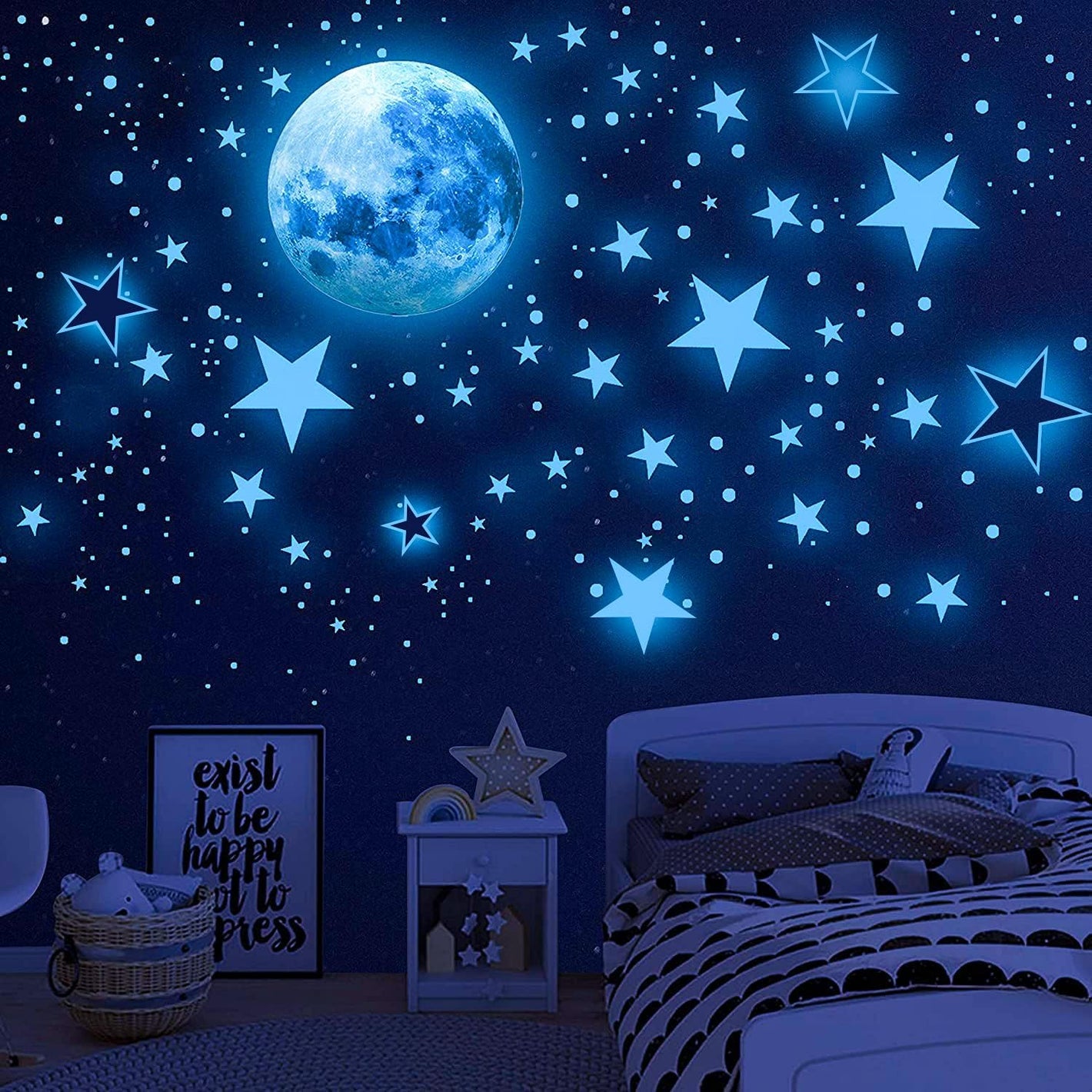 1120 Pcs Glow in The Dark Stars for Ceiling, Glowing Space and Moon Decals Universe Stickers for Kids Excellent Gifts for Boys Girls Nursery Bedroom Living Room Birthday Gift Room Decor