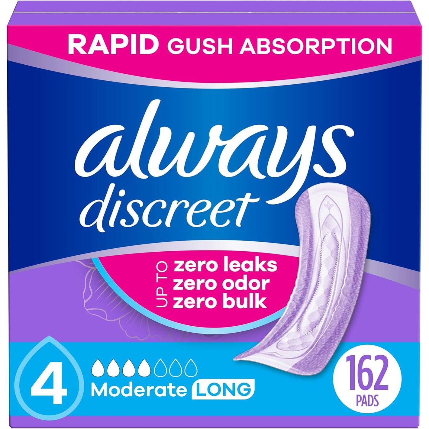 Always Discreet Adult Incontinence Pads for Women, Moderate Absorbency, Long Length, Postpartum Pads, 162 Count (3 Packs of 54)