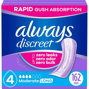 Always Discreet Adult Incontinence Pads for Women, Moderate Absorbency, Long Length, Postpartum Pads, 162 Count (3 Packs of 54)