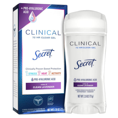 Secret Clinical Strength Antiperspirant Deodorant for Women, 3X Stress Protection, 72hr Sweat & Odor Protection, PH Balancing Minerals, Clear Gel, Clean Lavender Scent, 2.6 oz