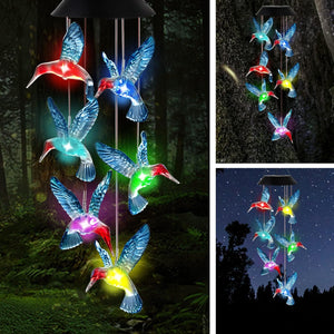 Hummingbird Solar Wind Chimes, OkayGoo Hummingbird Gift Outdoor Wind Chime Solar Lights Color Changing Night Lights Gifts for Mom Grandma Memorial Wind Chimes Christmas Decoration