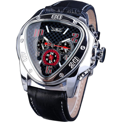 Winner Fashion Mechanical Wrist Watch Triangle Racing Dial, Waterproof Golden Skeleton Dial Automatic Movement Leather Design Mechanical Watch for Men