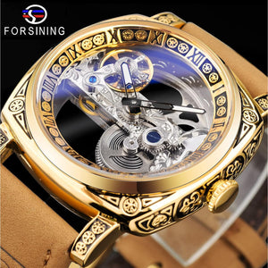 FORSINING Men's Luxury Square Carving Mechanical Watch, Retro Totem Double Sided Hollow Skeleton Self-Wind Automatic Watches, Vintage Leather Strap Wristwatch