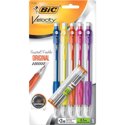 BIC Velocity Mechanical Pencils, With Colorful Barrel, Medium Point (0.7mm), 5-Count Pack Mechanical Pencils With Eraser and Lead Refills