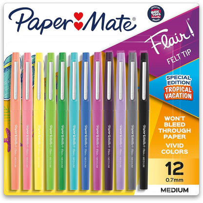 Paper Mate Flair Felt Tip Pens, Medium Point (0.7mm), Tropical & Classic Colors, 12 Count