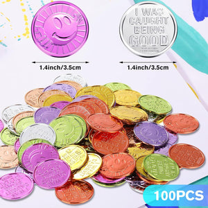 Civaner 100 Pcs Kids Caught Being Good Coins Smile Face Behavior Tokens Classroom Behavior Incentive Plastic Coins Gift Reward Tokens for School Student Prize Play Counting Party Supplies
