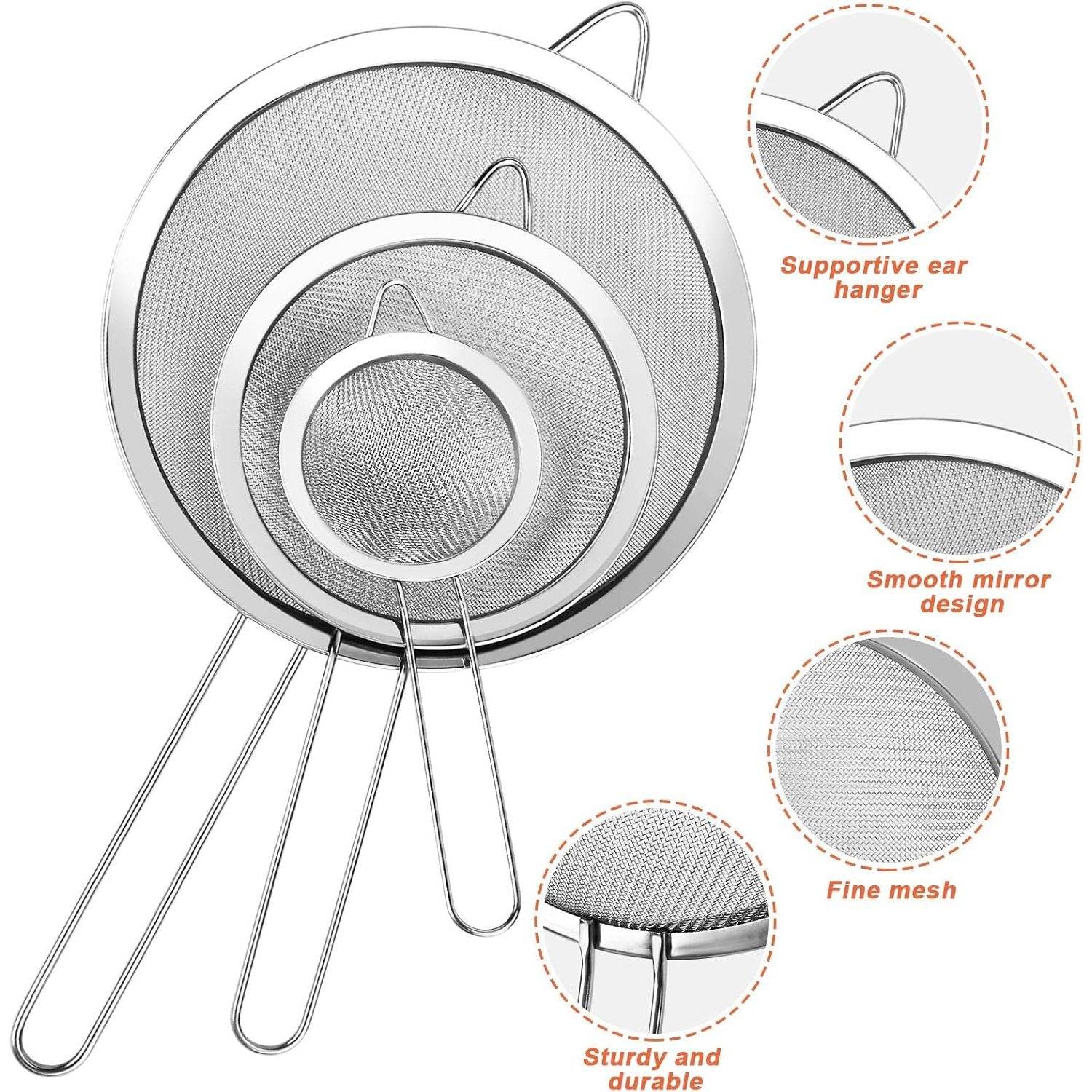3Pcs Super Wire Extra Fine Mesh Strainer with Handle, Small Medium Large Size Sifter Metal Strainer Set, Stainless Steel Sieve Fine Mesh Strainers for Kitchen Rice Juice Quinoa Food Flour Baking YLYL - My Store