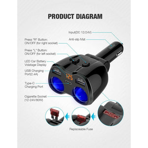 Otium USB C Car Charger, 2 Sockets Cigarette Lighter Splitter 12/24V 80W Dual USB Type-C Ports Separate Switch LED Voltage Display Built-in Replaceable 10A Fuse Compatible Mobile Phone GPS Dash Cam