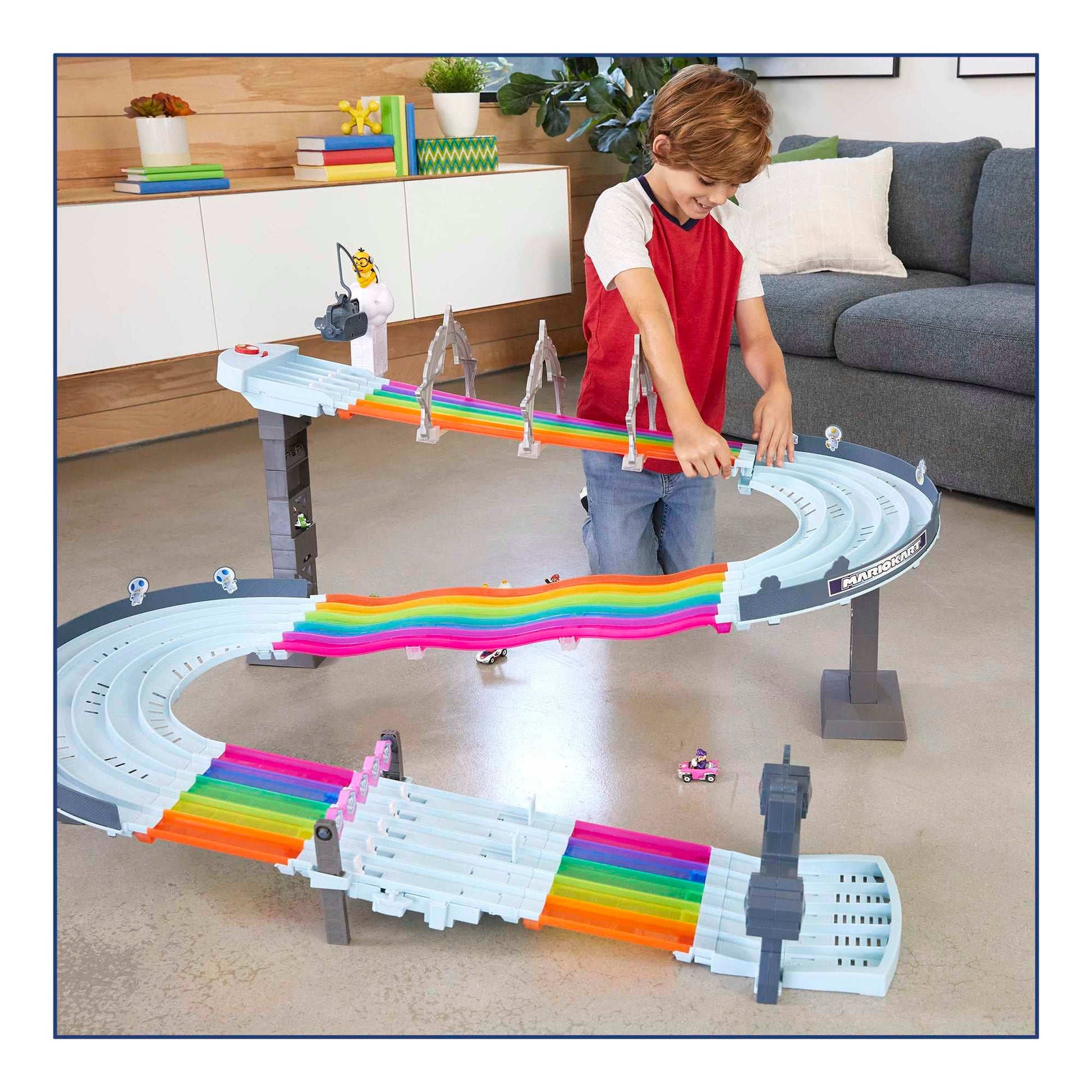 Buy now Hot Wheels Mario Kart Rainbow Road Raceway 8-Foot Track Set with Lights & Sounds & 2 1:64 Scale Vehicles, Race with 5-Track Colorful Course with 2 Configurations at indiglob india