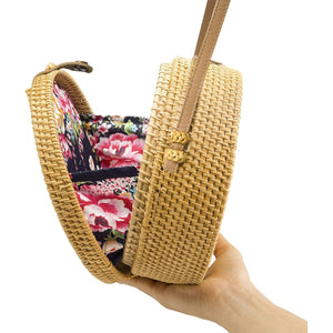 Round Straw Bag Shoulder Leather Straps | Wicker Rattan Hand Woven Crossbody Shoulder Purse Beach Bags for Women