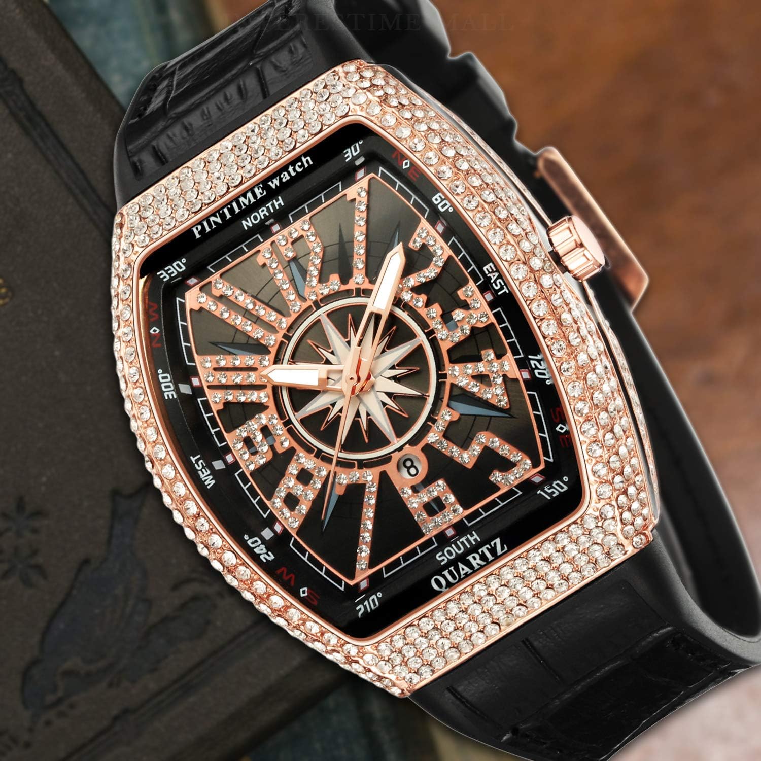 Buy now PINTIME Luxury Men's Crystal Watch Rosegold Tonneau Fashion Bling Iced Out Diamond Watch for Men Hip Hop Rapper, Black Dial at indiglob india