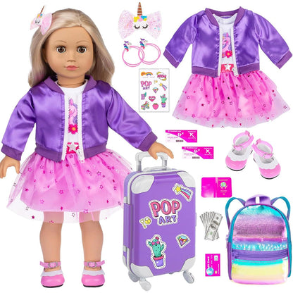 ebuddy 18 inch Doll Clothes and Accessories-Travel Suitcase Set with Fashion Outfit & Pretend Play Accessories Fit for 18" Girl Dolls (No Doll)