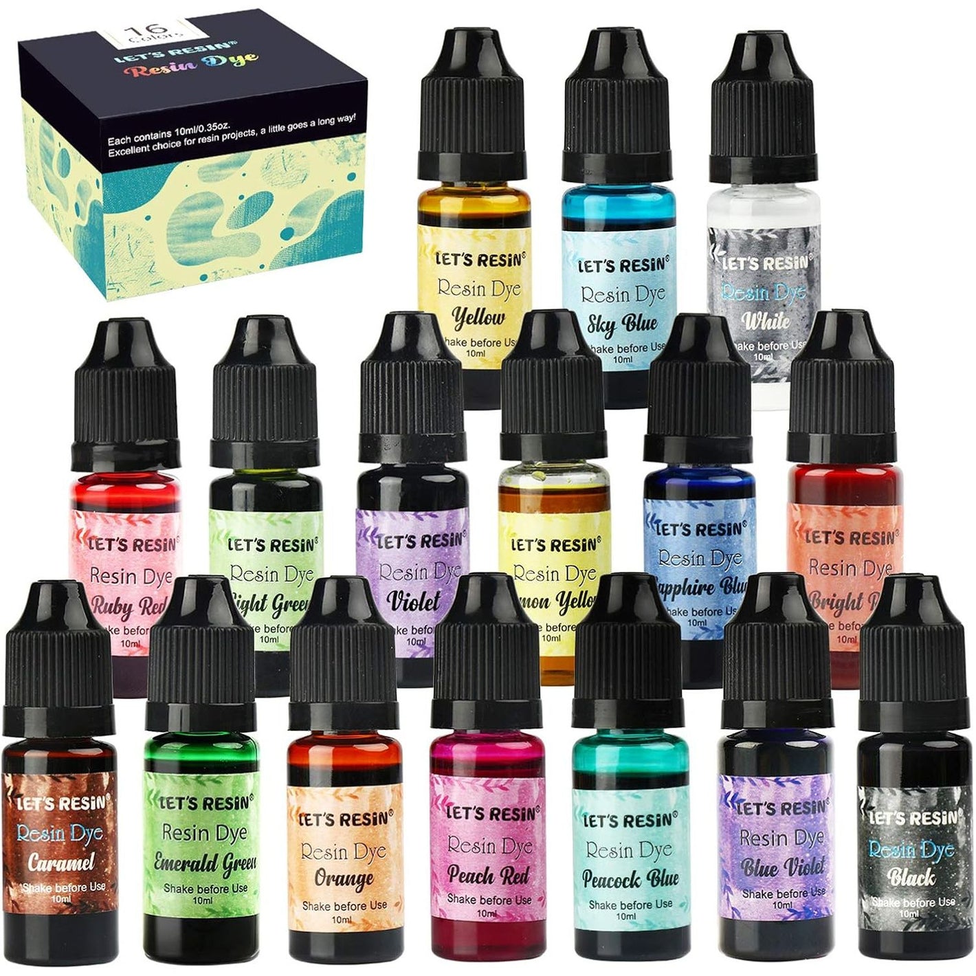 LET'S RESIN Epoxy Resin Paint Pigment 16 Color Concentrated Liquid Epoxy Resin Dye, Colorant for Resin Coloring, Resin Jewelry, Resin Art Crafts DIY Making (Each 0.35oz)
