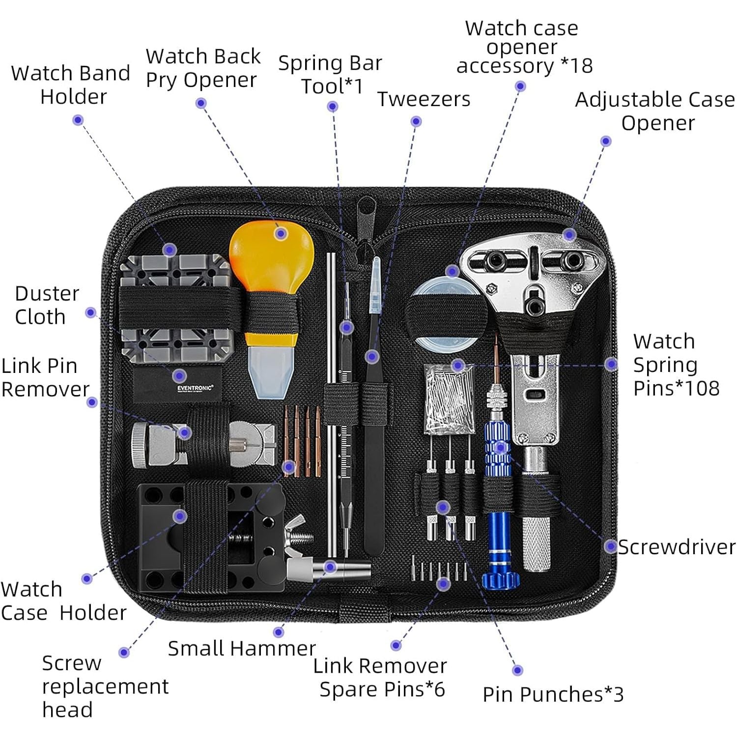 Buy now 【2025 Upgrade】Eventronic Watch Repair Kit, Watch Link Removal Kit, Watch Battery Replacement Tool Kit & Strap Adjustment, Watch Tool Kit with Spring Bar, Case Opener, Link Remover, Carrying Case at indiglob india