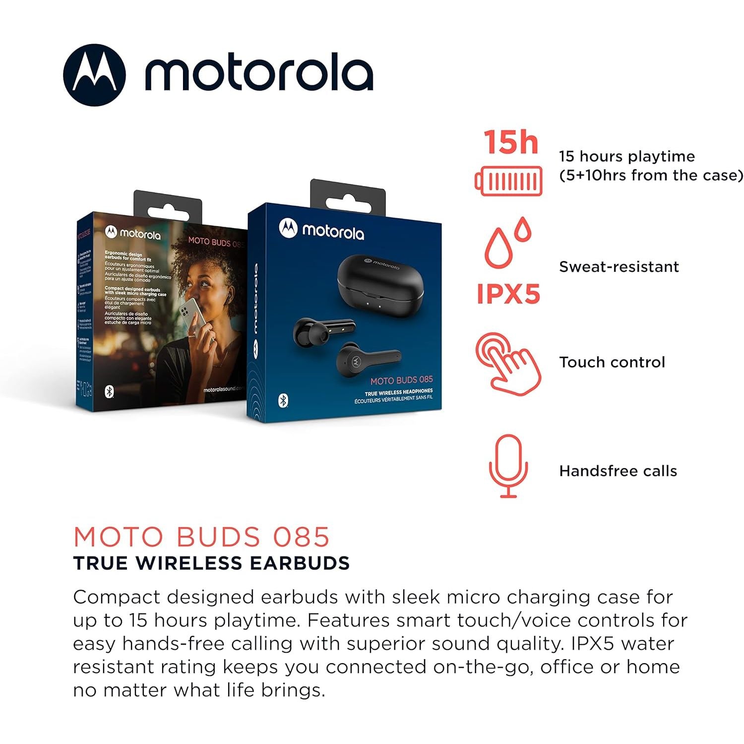 Buy now Motorola Sound Moto Buds 085 True Wireless Bluetooth Earbuds with Microphone, Charging Case - IPX5 Water Resistant Sweatproof Wireless Earbuds, Smart Touch-Control, Deep Bass Ear Buds - Black at indiglob india