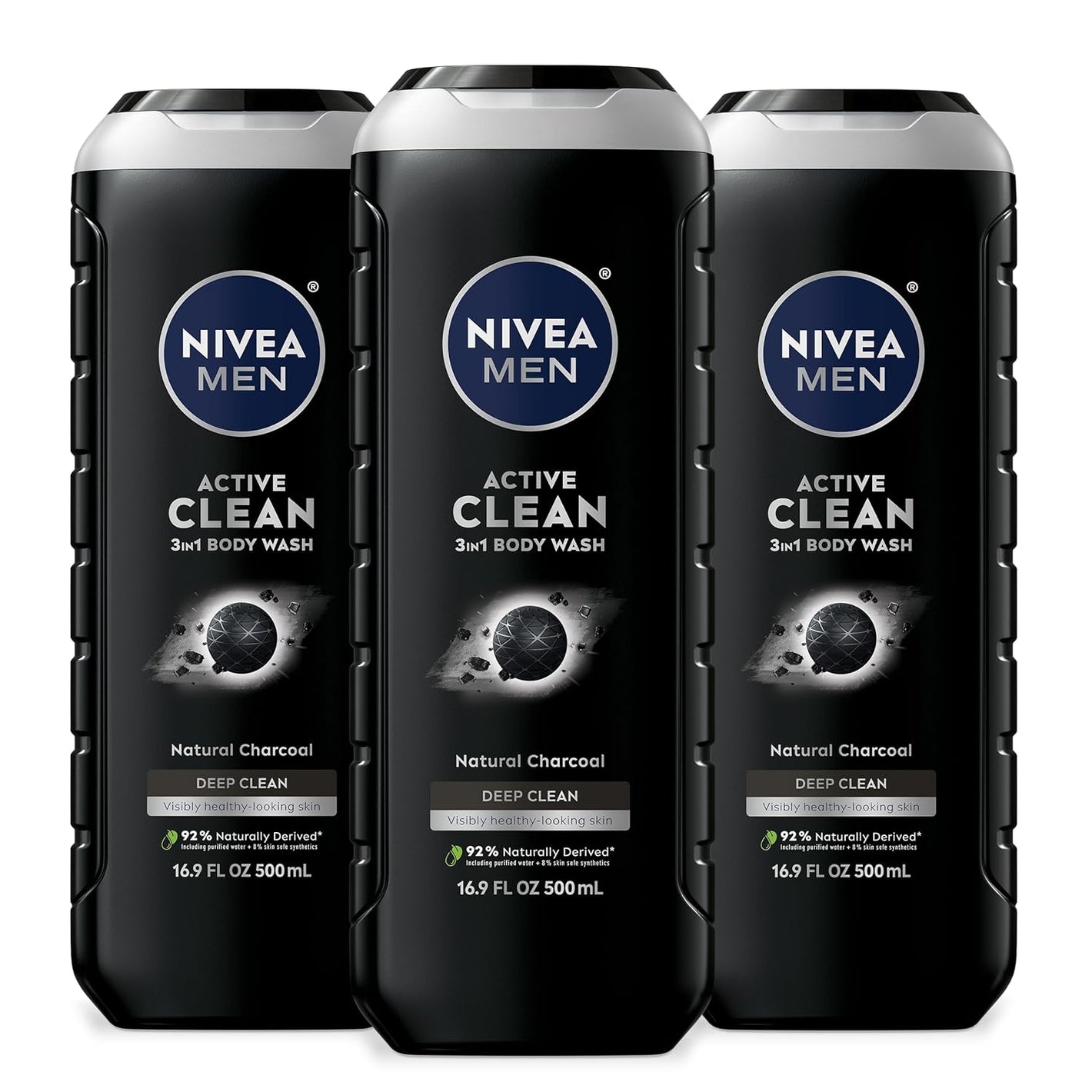 NIVEA Men Active Clean Body Wash with Natural Charcoal for Normal to Oily Skin, 3-in-1 Charcoal Body Wash, Face and Hair, Draws Out Dirt and Impurities, 16.9 Fl Oz Bottle, Pack of 3