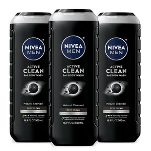 NIVEA Men Active Clean Body Wash with Natural Charcoal for Normal to Oily Skin, 3-in-1 Charcoal Body Wash, Face and Hair, Draws Out Dirt and Impurities, 16.9 Fl Oz Bottle, Pack of 3
