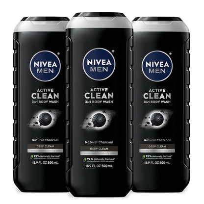 NIVEA Men Active Clean Body Wash with Natural Charcoal for Normal to Oily Skin, 3-in-1 Charcoal Body Wash, Face and Hair, Draws Out Dirt and Impurities, 16.9 Fl Oz Bottle, Pack of 3