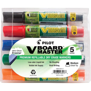 Pilot V Board Master Refillable Dry-Erase Markers, Medium Chisel Tip, Assorted Color Inks, 5 Count