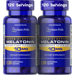 Puritan's Pride Premium Super Strength Melatonin 10mg Sleep Aid, Dietary Supplement for Sound, Restful, & Longer Sleep Support, 4 Month Supply, 120 Rapid Release Capsules, 2 Pack (Packaging May Vary)