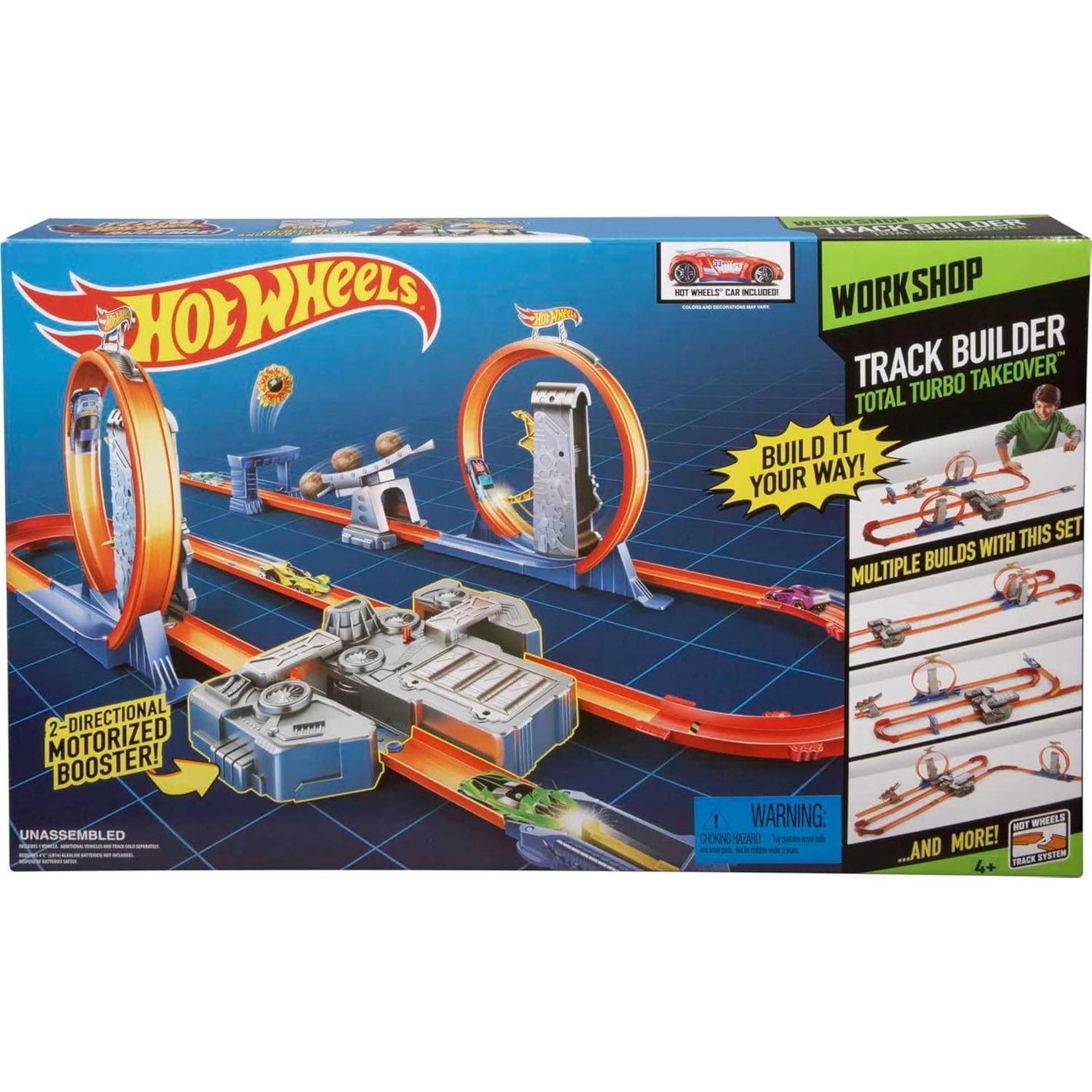 Hot Wheels Toy Car Track Set, Track Builder Playset Total Turbo Takeover with 1:64 Scale Vehicle, Motorized Booster & Multiple Configurations