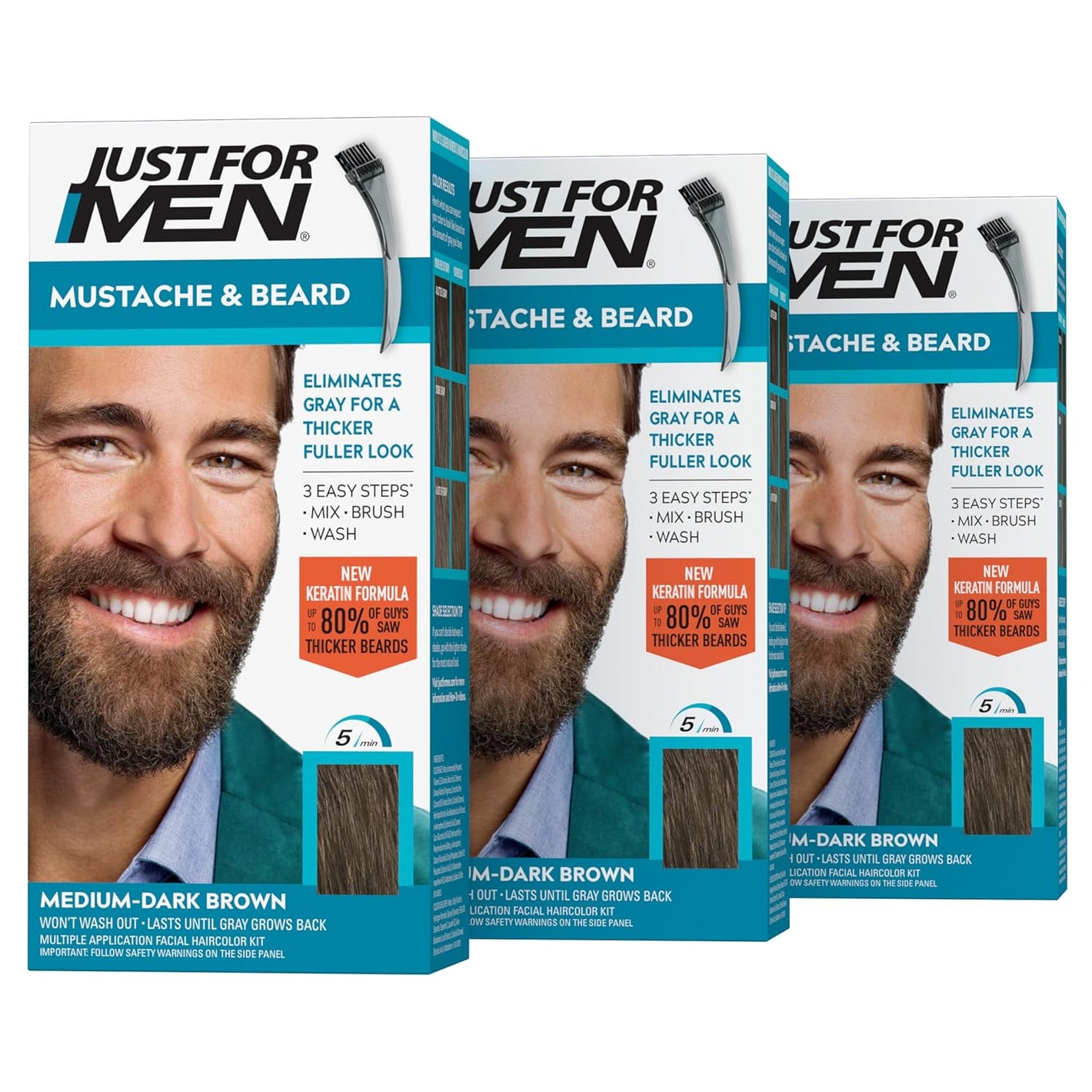 Just For Men Mustache & Beard, Beard Coloring for Gray Hair with Brush, with Keratin Biotin Aloe and Coconut Oil for Healthy Facial Hair - Medium-Dark Brown, M-40, Pack of 3 (Packaging May Vary)