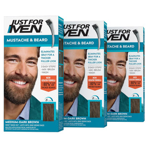 Just For Men Mustache & Beard, Beard Coloring for Gray Hair with Brush, with Keratin Biotin Aloe and Coconut Oil for Healthy Facial Hair - Medium-Dark Brown, M-40, Pack of 3 (Packaging May Vary)