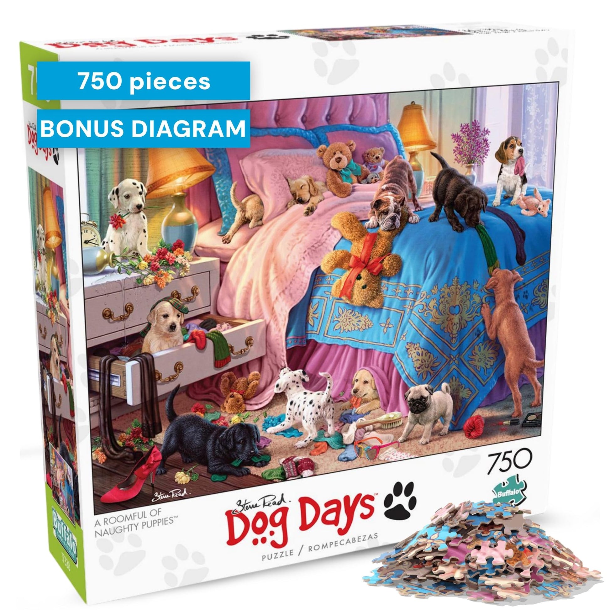 Buy now Buffalo Games - A Roomful of Naughty Puppies - Steve Read - 750 Piece Jigsaw Puzzle for Adults - Dog Lovers - Cute Puppy Puzzle with Bonus Poster - Finished Size 24.00 x 18.00 - Made in USA at indiglob india