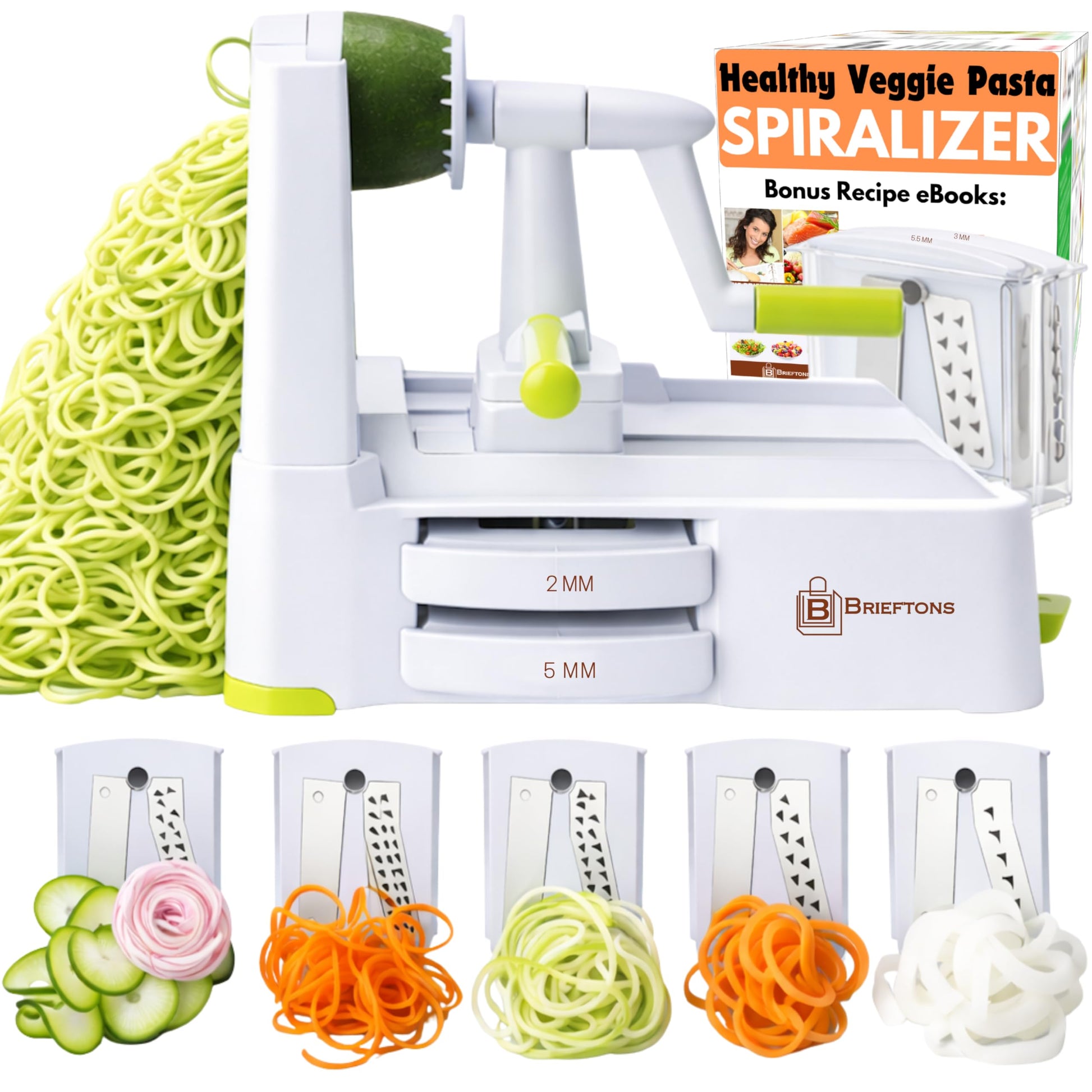 Buy now Brieftons 7-Blade Vegetable Spiralizer: Strongest-Heaviest Spiral Slicer, Best Veggie Pasta Spaghetti Maker for Low Carb/Paleo/Gluten-Free Meals, With Container, Lid, Blade Caddy & 4 Recipe Ebooks at indiglob india