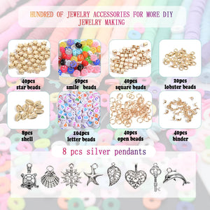 Dulzod 4800Pcs Clay Beads for Jewelry Making Bracelet Kit,Flat Round Polymer Heishi Clay Beads with Pendant and Jump Rings Letter Beads for Bracelets Necklace Earring DIY Craft-24 Colors 6mm