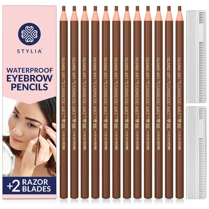 Stylia Waterproof Eyebrow Pencils For Women – Long-Lasting Microblading Supplies Brow Pencil, Perfect for Eyebrow Shaper, Filling & Defining Natural-Looking Brow - (12PC Black)