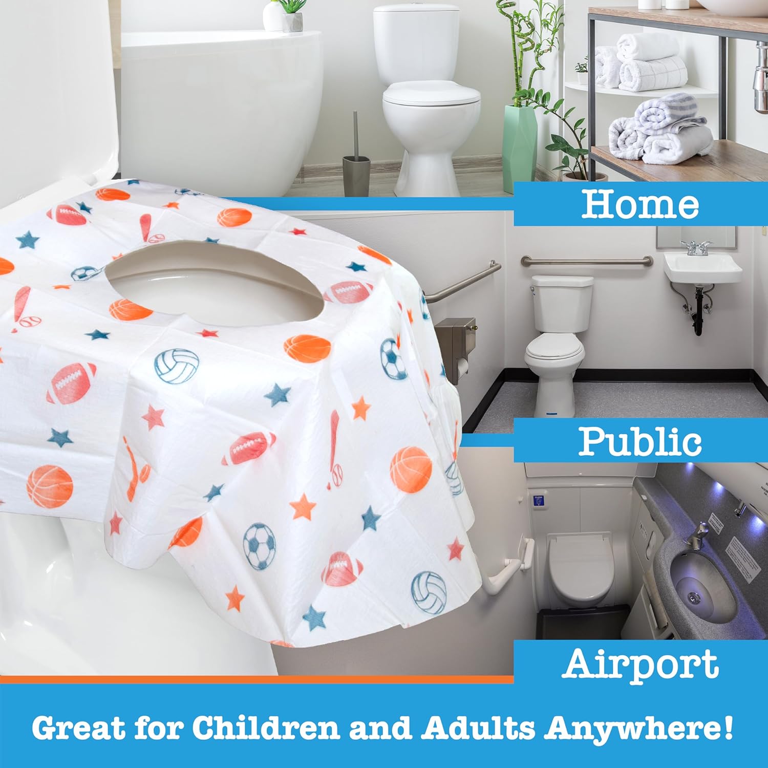 Buy now Toilet Seat Covers Disposable (12 Pack, Sports) - XL Waterproof Toilet Cover for Toddlers, Kids & Adults - Portable & Individually Wrapped for Travel, Potty Training & Public Restrooms at indiglob india
