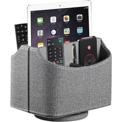 YAPISHI Antique Leather Remote Control Holder, 360 Degree Spinning Desk TV Remote Caddy/Box, Bedside Table Organizer for Controller, Media, Calculator, Mobile Phone and Pen Storage