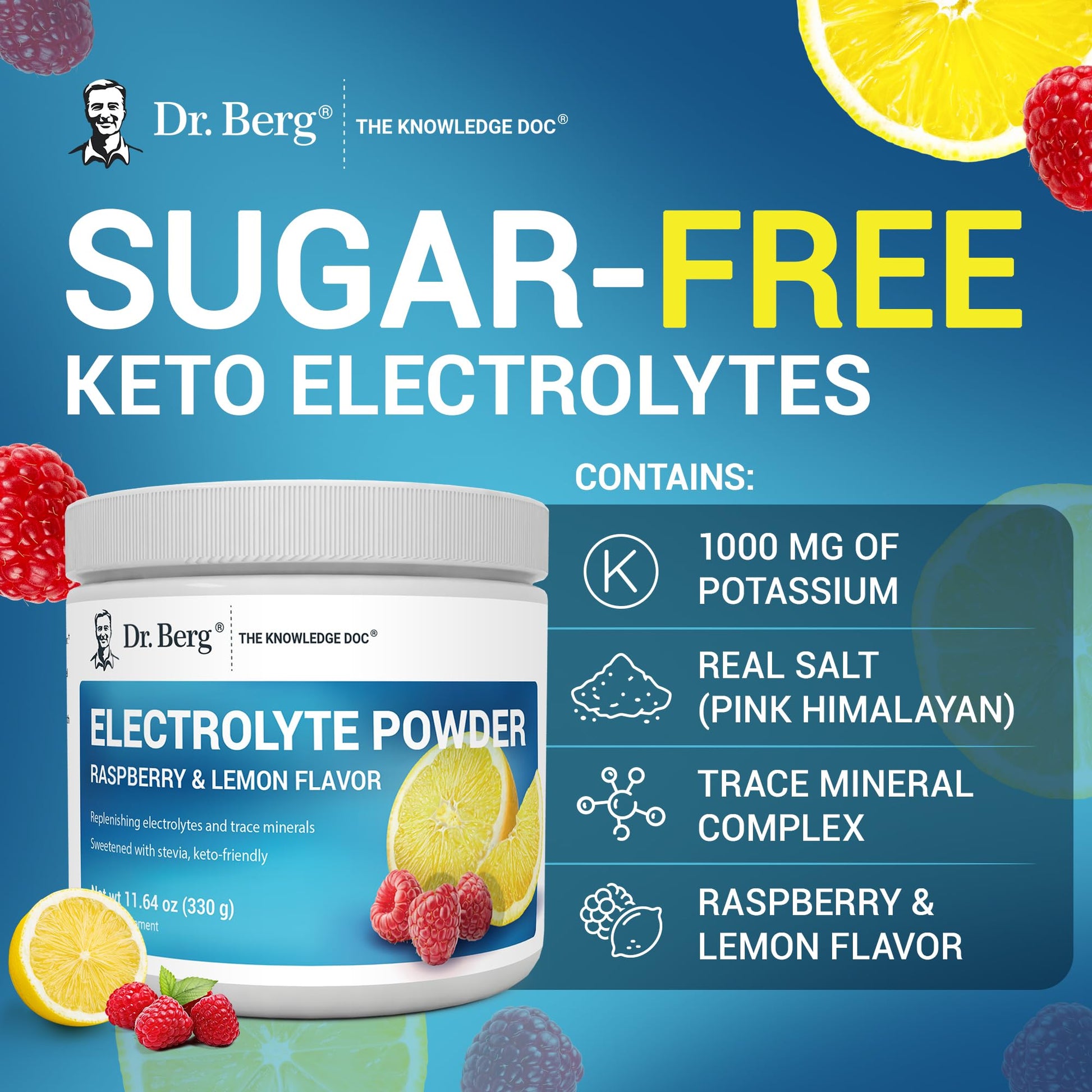 Buy now Dr. Berg Zero Sugar Hydration Keto Electrolyte Powder - Enhanced w/ 1000 mg of Potassium & Real Pink Himalayan Salt (NOT Table Salt) - Raspberry & Lemon Flavor Hydration Drink Supplement - 50 Servings at indiglob india