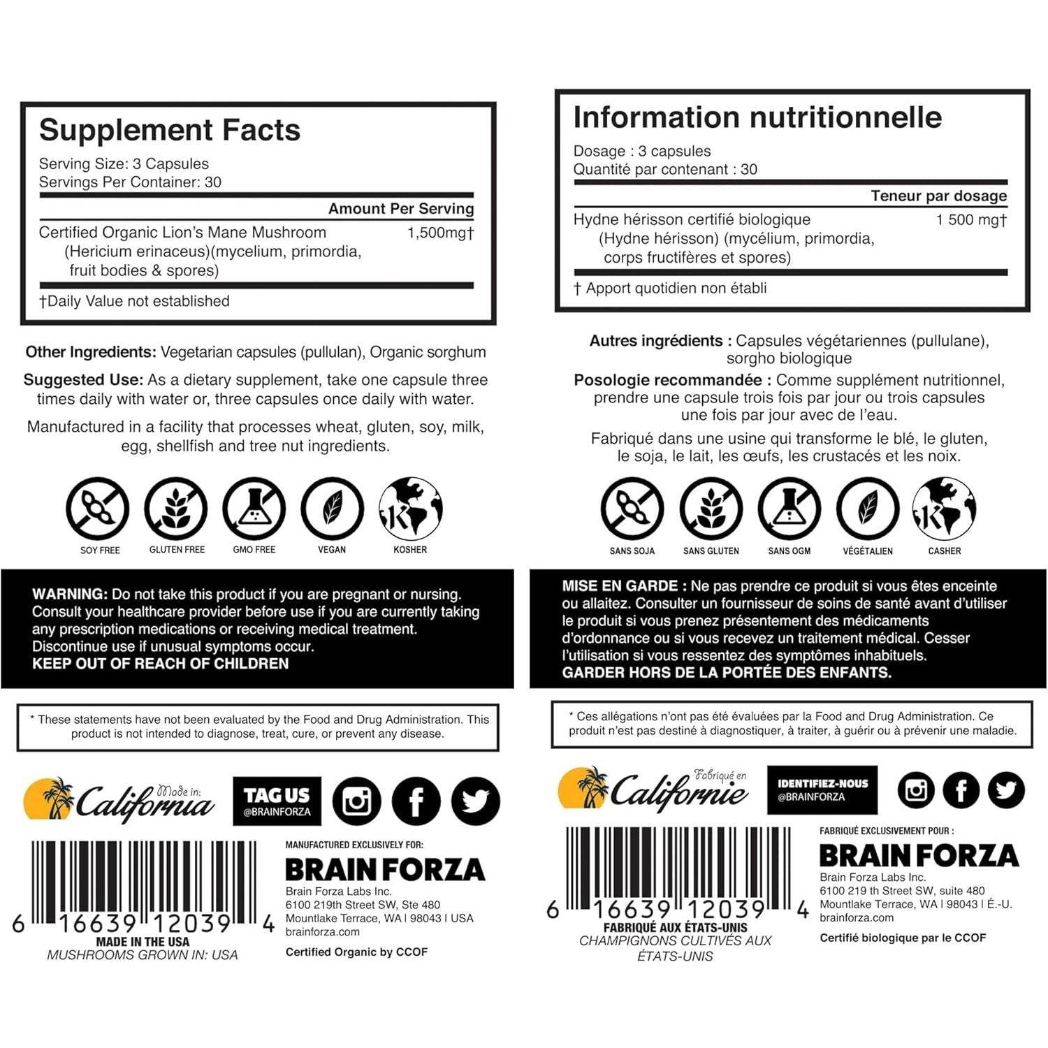 Brain Forza Organic Lion's Mane Mushroom Capsules, Natural Supplement for Memory Support, Focus, Clarity, Nerve Health, Non-GMO, Vegan, Organic, 90 Capsules - My Store