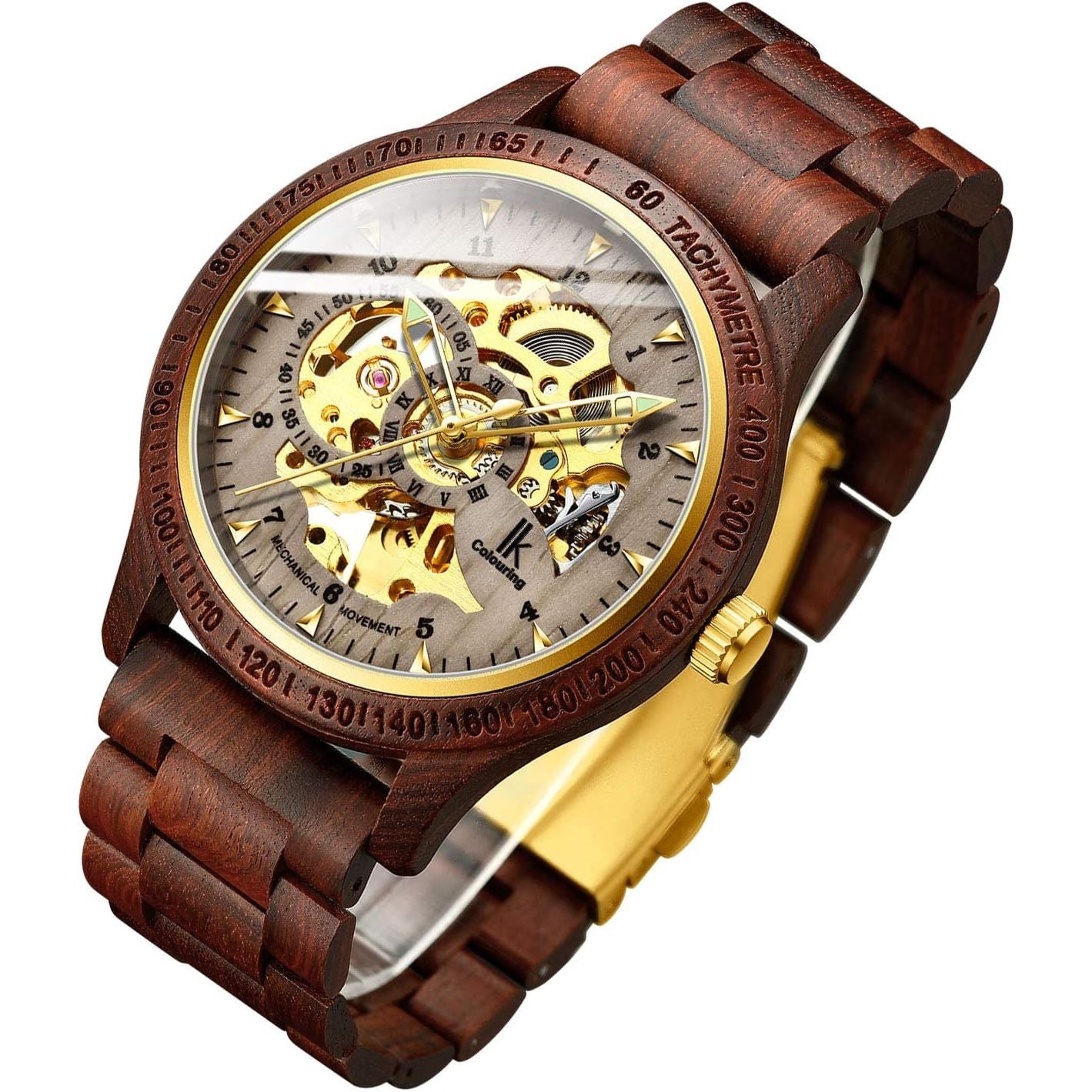 IK COLOURING Men's Watches Luxury Mechanical Wooden Case Skeleton Lumious Automatic Self-Winding Lightweight Genuine Leather Bracelet/Wood Band Wrist Watch