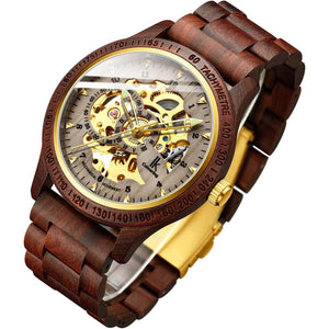 IK COLOURING Men's Watches Luxury Mechanical Wooden Case Skeleton Lumious Automatic Self-Winding Lightweight Genuine Leather Bracelet/Wood Band Wrist Watch