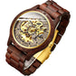 IK COLOURING Men's Watches Luxury Mechanical Wooden Case Skeleton Lumious Automatic Self-Winding Lightweight Genuine Leather Bracelet/Wood Band Wrist Watch