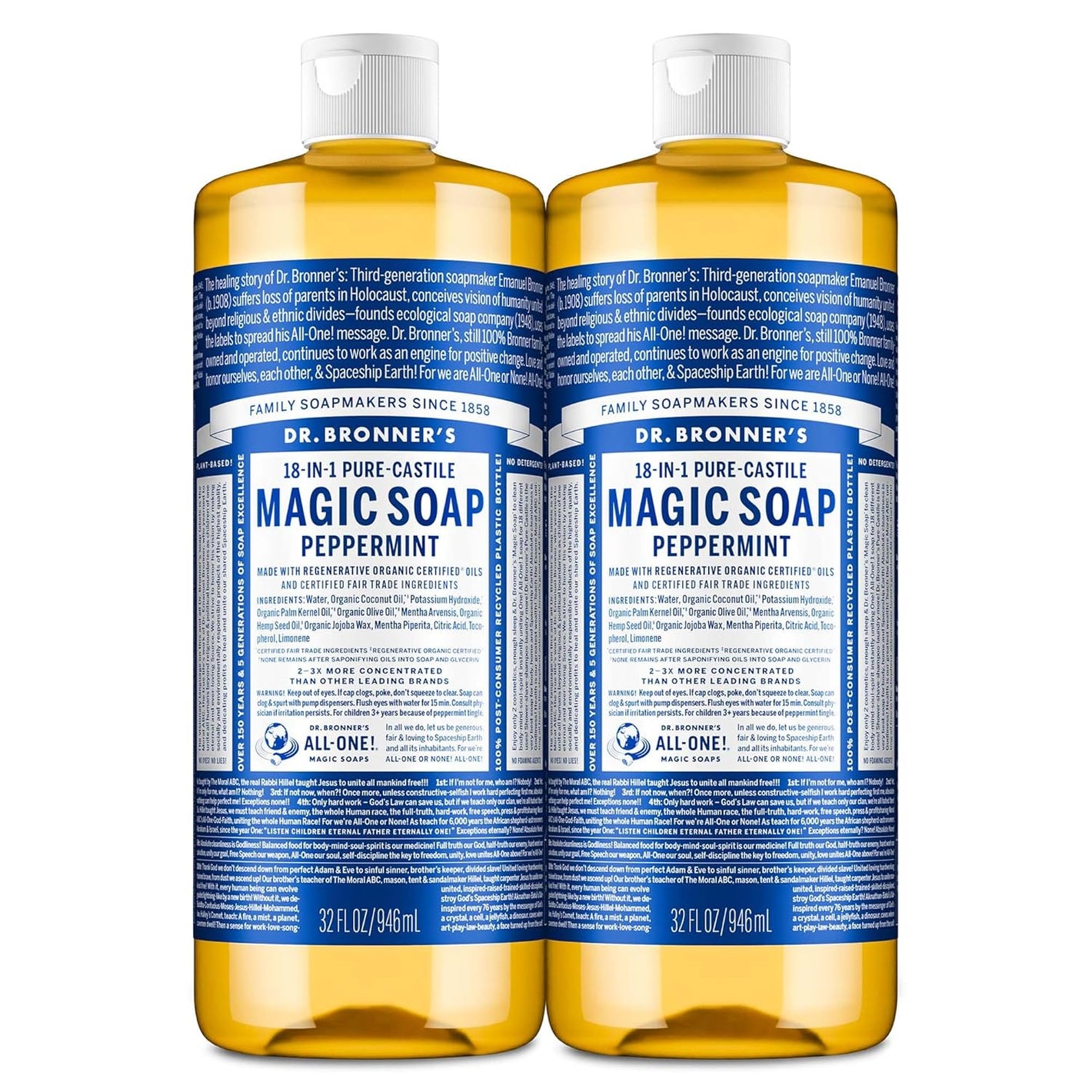 Dr. Bronner's Pure-Castile Magic Liquid Soap- Made with Regenerative Organic Oils- For Body, Face, Hair, Dishes, Pets, Laundry Natural, Vegan, Non-GMO - Peppermint, 32 oz (2-Pack)
