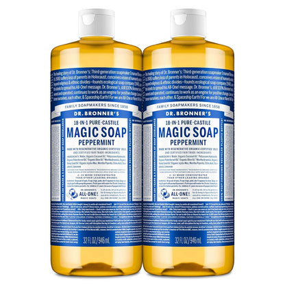 Dr. Bronner's Pure-Castile Magic Liquid Soap- Made with Regenerative Organic Oils- For Body, Face, Hair, Dishes, Pets, Laundry Natural, Vegan, Non-GMO - Peppermint, 32 oz (2-Pack)