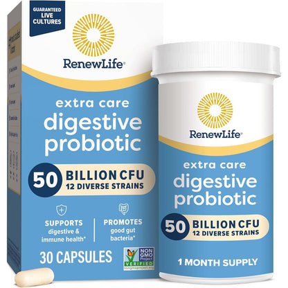 Renew Life Extra Care Digestive Probiotic Capsules, 50 Billion CFU Guaranteed, Daily Supplement Supports Immune, Digestive, Respiratory Health(1), L. Rhamnosus GG, Dairy, Soy and Gluten-Free, 30 Count