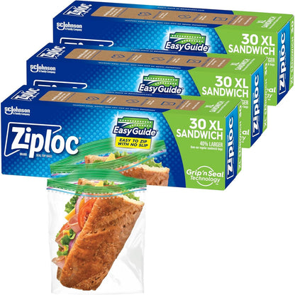 Ziploc XL Sandwich and Snack Bags with EasyGuide Texture, Plastic Storage Bags with Grip 'n Seal Technology, 90 Bags Total