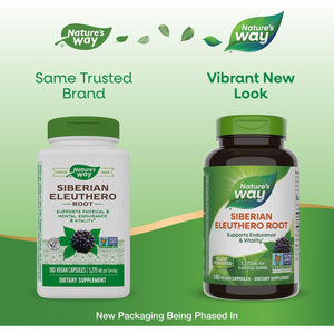 Nature's Way Premium Herbal Siberian Eleuthero Root Supplement, Supports Endurance & Vitality*, Adaptogen*, 1,275mg per 3-Capsule Serving, Non-GMO Project Verified, 180 Capsules (Packaging May Vary)