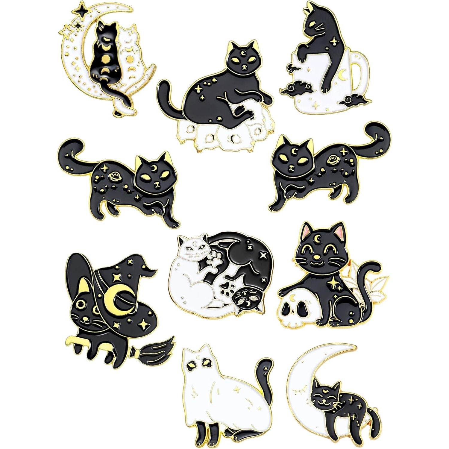 10 Pieces Cat Pins Cute Brooch Pin Set Kawaii Backpack Pin Black Cat Book Brooch Gothic Aesthetic Buttons for Backpacks Clothing Bags Lapel Jackets for Women Men DIY Presents - My Store