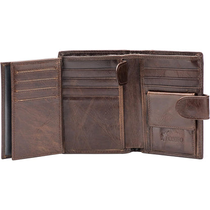 POKOFO Large RFID Genuine Leather Card Holder Trifold Wallet Snap Closure 3 ID Windows for men