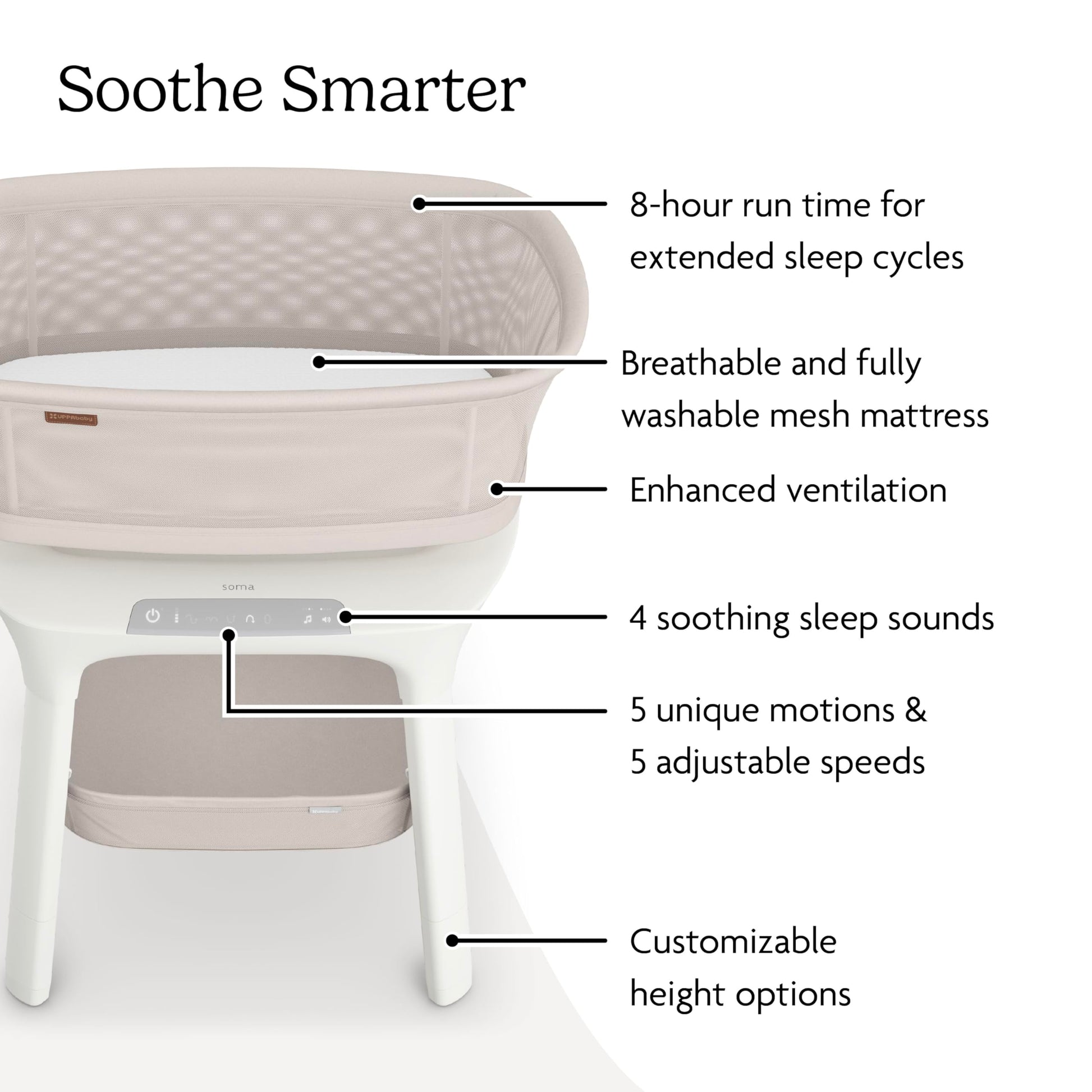 Buy now UPPAbaby Soma Smart Bassinet ƒ?? 5 motions + 5 speeds + 4 Sounds with MotionSync Technology ƒ?? Height Adjustable ƒ?? Included Mattress, Sheet + Storage Basket ƒ?? Charlie (Sand M??lange) at indiglob india